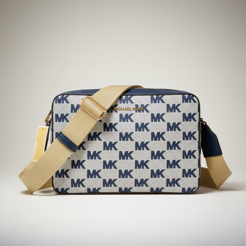 🆓 Shipping Michael Kors MK Signature Monogram Crossbody Purse - Navy Logo Print